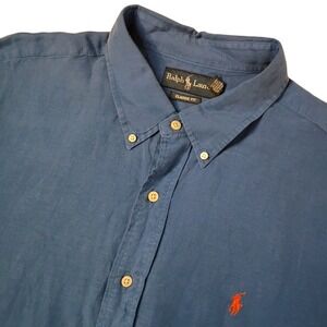 Ralph Lauren Shirt Mens 2XL Classic Fit Blue Linen Silk Blend Short Sleeve Pony